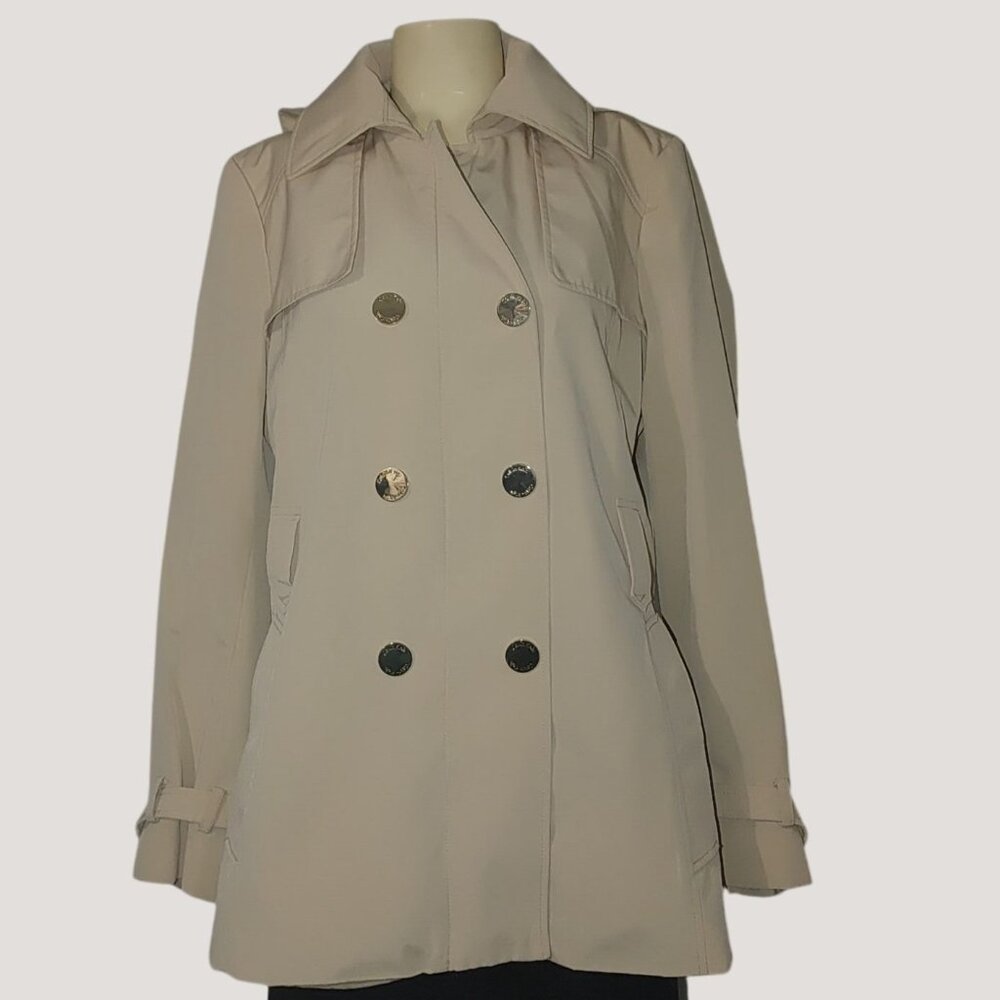 Calvin Klein Coat SM Beige Cream Double Breasted Trench Hood Satin Lining
